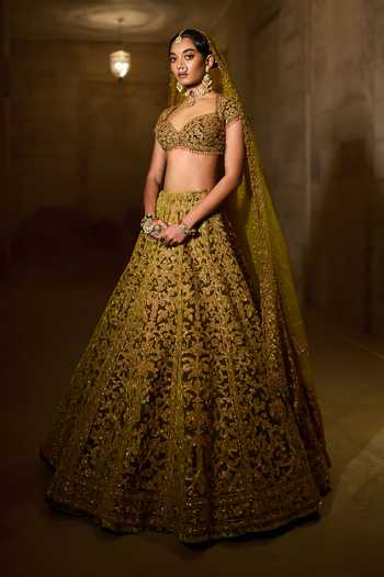 Shop_Seema Gujral_Green Velvet, Organza Sweetheart Neck Zardozi Work Bridal Lehenga Set _Online_at_Aza_Fashions