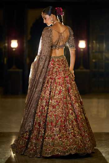 Shop_Seema Gujral_Gold Silk, Tissue, Organza Cowl Neck Antique Maroon Bridal Lehenga Set _at_Aza_Fashions
