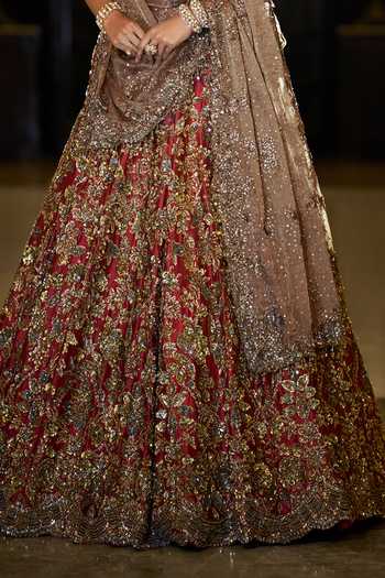 Seema Gujral_Gold Silk, Tissue, Organza Cowl Neck Antique Maroon Bridal Lehenga Set _at_Aza_Fashions