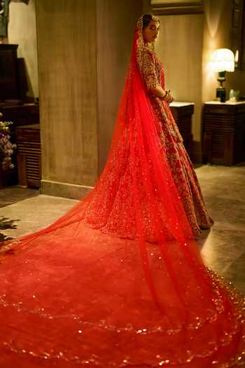 Shop_Seema Gujral_Red Silk, Net Raw Bridal Lehenga Set _at_Aza_Fashions