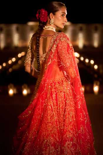 Shop_Seema Gujral_Red Silk, Net Sweetheart Neck Zardozi Work Bridal Lehenga Set _at_Aza_Fashions