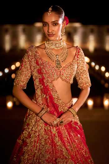 Seema Gujral_Red Silk, Net Sweetheart Neck Zardozi Work Bridal Lehenga Set _Online_at_Aza_Fashions