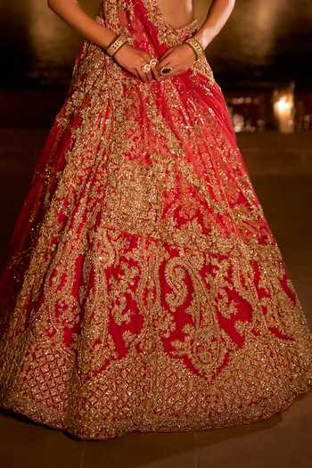 Buy_Seema Gujral_Red Silk, Net Sweetheart Neck Zardozi Work Bridal Lehenga Set _Online_at_Aza_Fashions
