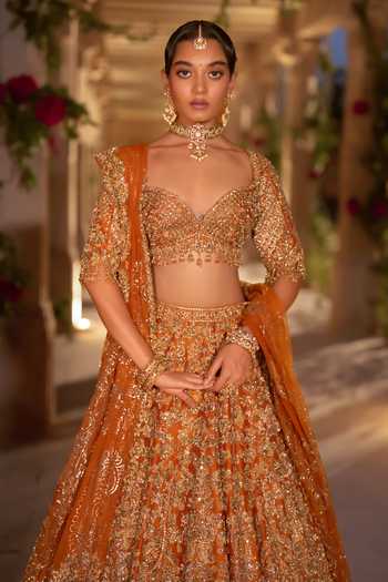 Seema Gujral_Orange Silk, Net Sweetheart Neck Zardozi Cutwork Embroidered Bridal Lehenga Set _Online_at_Aza_Fashions