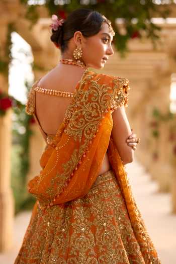 Seema Gujral_Orange Silk, Organza Sweetheart Neck Rust Zardozi Bridal Lehenga Set _Online_at_Aza_Fashions