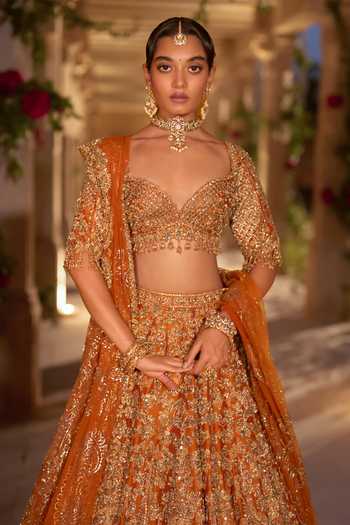 Shop_Seema Gujral_Orange Silk, Organza Sweetheart Neck Rust Zardozi Bridal Lehenga Set _Online_at_Aza_Fashions