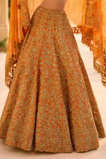 Buy_Seema Gujral_Orange Silk, Organza Sweetheart Neck Rust Zardozi Bridal Lehenga Set 