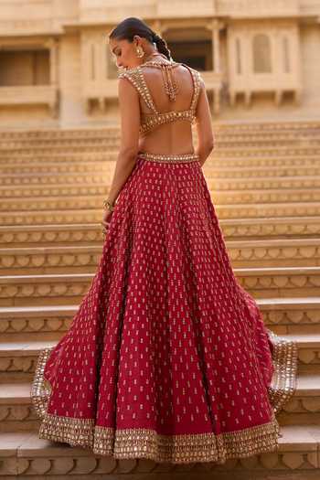 Shop_Seema Gujral_Red Silk, Organza Sweetheart Neck Zardozi Work Bridal Lehenga Set _at_Aza_Fashions