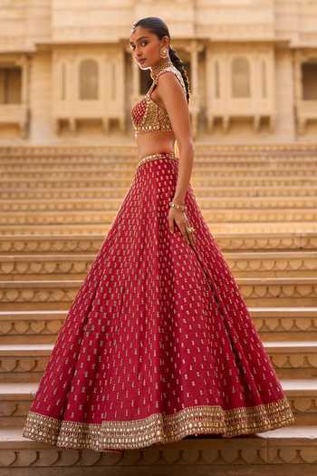 Buy_Seema Gujral_Red Silk, Organza Sweetheart Neck Zardozi Work Bridal Lehenga Set _Online_at_Aza_Fashions
