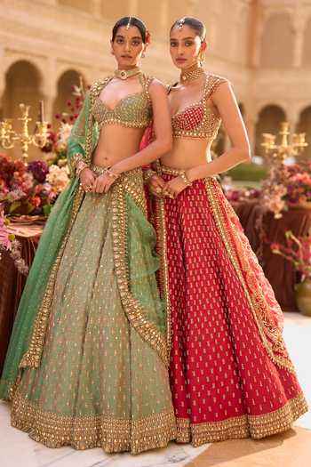 Seema Gujral_Green Silk, Organza Sweetheart Neck Gold Zardozi Bridal Lehenga Set _at_Aza_Fashions