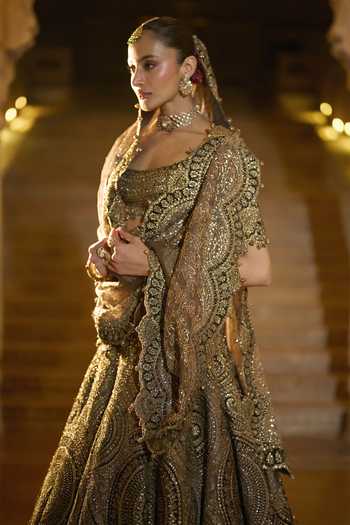 Shop_Seema Gujral_Green Velvet, Organza, Tissue Scoop Neck Moss Applique Bridal Lehenga Set _Online_at_Aza_Fashions