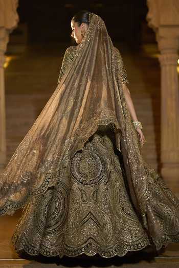 Shop_Seema Gujral_Green Velvet, Organza, Tissue Scoop Neck Moss Applique Bridal Lehenga Set _at_Aza_Fashions