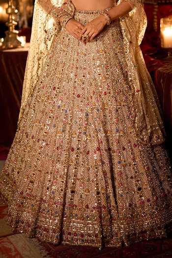 Buy_Seema Gujral_Multi Color Net Plunge Neck Stone And Pearl Embroidered Bridal Lehenga Set _Online_at_Aza_Fashions