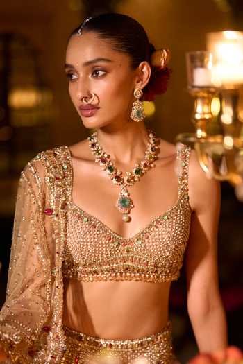 Shop_Seema Gujral_Multi Color Net Plunge Neck Stone And Pearl Embroidered Bridal Lehenga Set _Online_at_Aza_Fashions