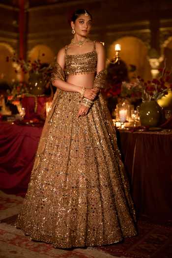 Buy_Seema Gujral_Gold Organza, Tissue Square Neck Antique Scalloped Bridal Lehenga Set _at_Aza_Fashions