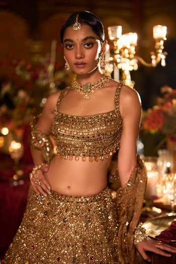 Seema Gujral_Gold Organza, Tissue Square Neck Antique Scalloped Bridal Lehenga Set _Online_at_Aza_Fashions