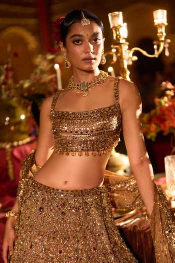 Seema Gujral_Gold Organza, Tissue Square Neck Antique Scalloped Bridal Lehenga Set _at_Aza_Fashions