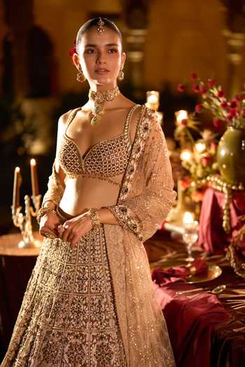 Buy_Seema Gujral_Pink Net Sweetheart Neck Ruby And Emerald Pearl Work Bridal Lehenga Set _Online_at_Aza_Fashions