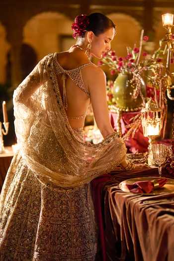 Shop_Seema Gujral_Pink Net Sweetheart Neck Ruby And Emerald Pearl Work Bridal Lehenga Set _at_Aza_Fashions