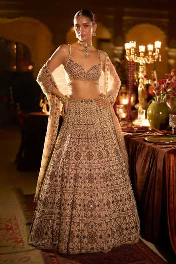 Buy_Seema Gujral_Pink Net Sweetheart Neck Ruby And Emerald Pearl Work Bridal Lehenga Set _at_Aza_Fashions