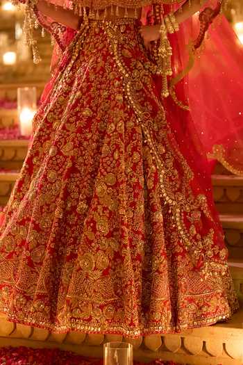 Buy_Seema Gujral_Red Silk, Organza Plunge Neck Zardozi Bridal Lehenga Set 