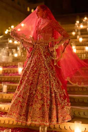 Buy_Seema Gujral_Red Silk, Organza Plunge Neck Zardozi Bridal Lehenga Set _at_Aza_Fashions