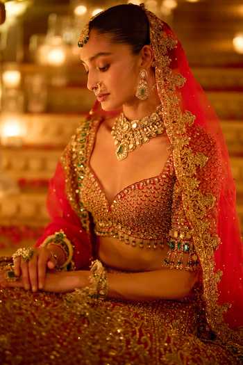 Seema Gujral_Red Silk, Organza Plunge Neck And Emerald Zardozi Bridal Lehenga Set _Online_at_Aza_Fashions