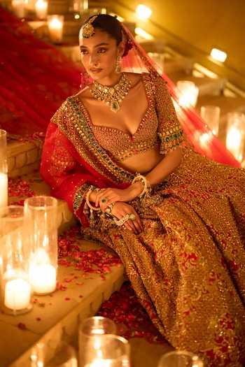 Buy_Seema Gujral_Red Silk, Organza Plunge Neck And Emerald Zardozi Bridal Lehenga Set _Online_at_Aza_Fashions