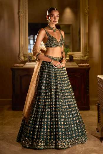 Buy_Seema Gujral_Green Silk, Organza, Tissue Plunge Neck Emerald Stone Zardozi Work Lehenga Set _at_Aza_Fashions