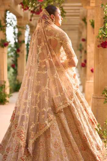 Shop_Seema Gujral_Gold Silk, Net Scoop Neck Applique Work Bridal Lehenga Set _at_Aza_Fashions