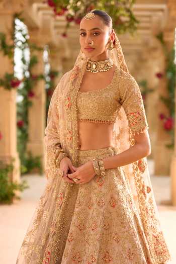 Seema Gujral_Gold Silk, Net Scoop Neck Applique Work Bridal Lehenga Set _Online_at_Aza_Fashions