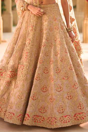 Buy_Seema Gujral_Gold Silk, Net Scoop Neck Applique Work Bridal Lehenga Set _Online_at_Aza_Fashions