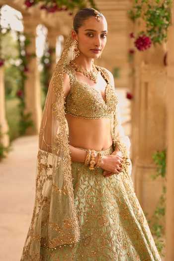 Buy_Seema Gujral_Green Silk, Net Plunge Neck Applique Work Bridal Lehenga Set _Online_at_Aza_Fashions