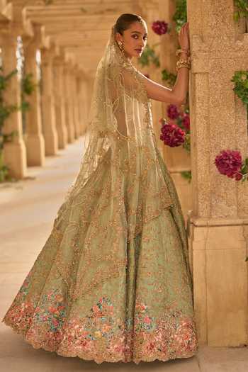 Shop_Seema Gujral_Green Silk, Net Plunge Neck Applique Work Bridal Lehenga Set _at_Aza_Fashions