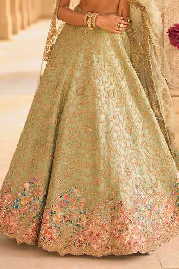 Seema Gujral_Green Silk, Net Plunge Neck Applique Work Bridal Lehenga Set _at_Aza_Fashions