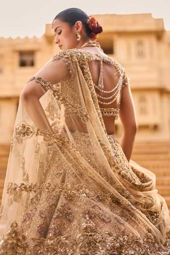 Shop_Seema Gujral_Gold Net, Tissue Round Neck Zardozi Embroidered Bridal Lehenga Set _at_Aza_Fashions