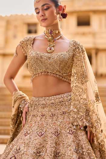 Seema Gujral_Gold Net, Tissue Round Neck Zardozi Embroidered Bridal Lehenga Set _Online_at_Aza_Fashions