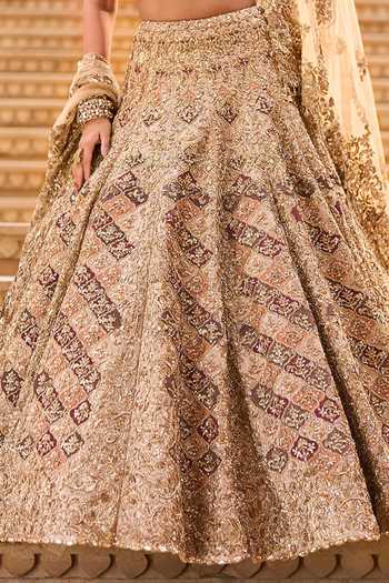 Shop_Seema Gujral_Gold Net, Tissue Round Neck Zardozi Embroidered Bridal Lehenga Set _Online_at_Aza_Fashions