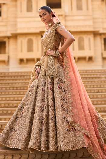 Seema Gujral_Gold Net, Tissue Round Neck Zardozi Embroidered Bridal Lehenga Set _at_Aza_Fashions