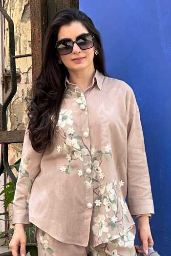 Buy_Rainas_Beige Cotton, Linen Collared Neck The Paddock Blossom Print Top And Pant Set _Online_at_Aza_Fashions