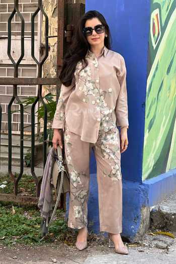 Shop_Rainas_Beige Cotton, Linen Collared Neck The Paddock Blossom Print Top And Pant Set _Online_at_Aza_Fashions