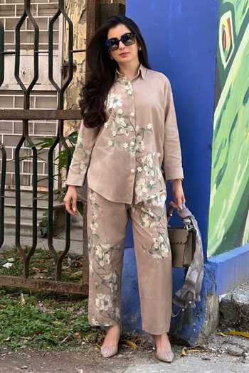 Shop_Rainas_Beige Cotton, Linen Collared Neck The Paddock Blossom Print Top And Pant Set _at_Aza_Fashions