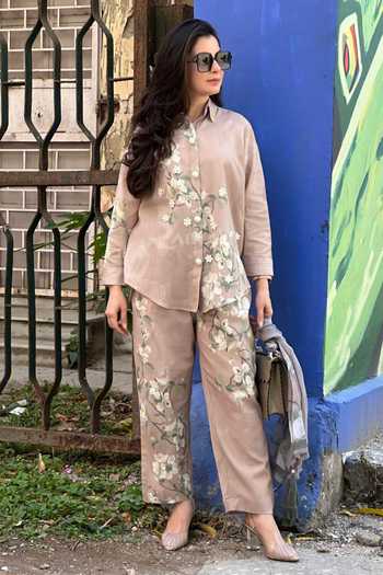 Rainas_Beige Cotton, Linen Collared Neck The Paddock Blossom Print Top And Pant Set _at_Aza_Fashions