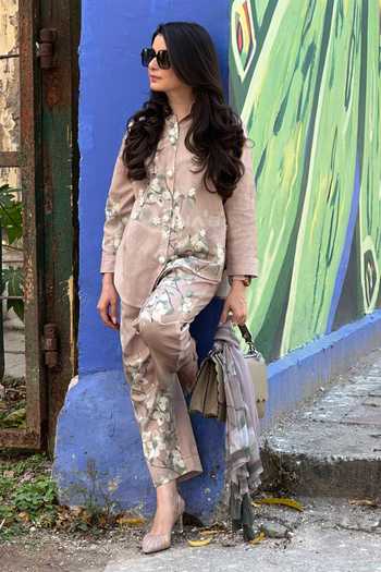 Shop_Rainas_Beige Cotton, Linen Collared Neck The Paddock Blossom Print Top And Pant Set 