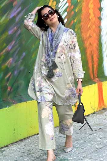 Shop_Rainas_Multi Color Cotton, Linen Tassels The Folly Sage Floral Print Kurta Set _at_Aza_Fashions