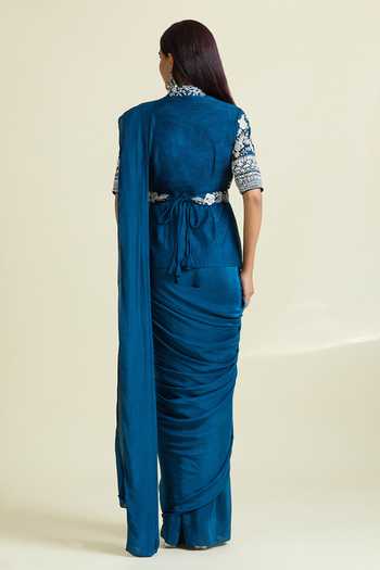 Shop_Samyukta Singhania_Blue Crepe, Doriya Embroidery, Sequins, Beads Slit Blouse And Pre-draped Saree Set _at_Aza_Fashions