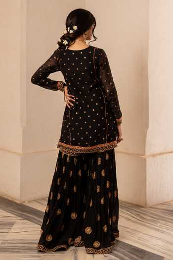 Shop_Nimbu Mirchi_Black Chanderi V-neck Fatima Embroidered Kurta Sharara Set _at_Aza_Fashions