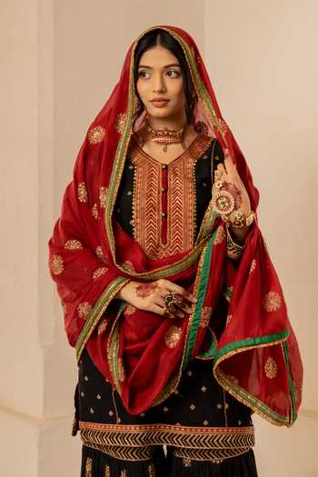 Nimbu Mirchi_Black Chanderi V-neck Fatima Embroidered Kurta Sharara Set _at_Aza_Fashions