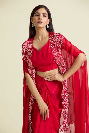Buy_Samyukta Singhania_Red Organza, Crepe Embroidery Asymmetric Thread Border Cape Draped Skirt _at_Aza_Fashions