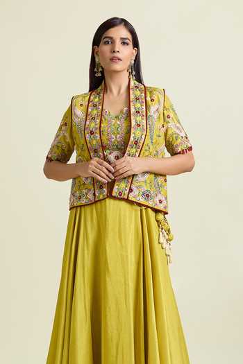 Buy_Samyukta Singhania_Yellow Tissue, Taffeta Sequins, Solid Lehenga Floral Embroidered Jacket Set _at_Aza_Fashions